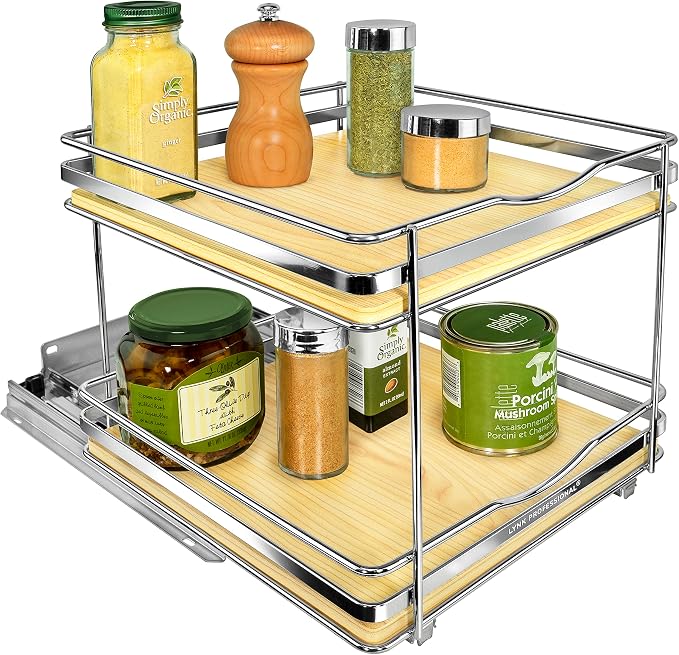 LYNK PROFESSIONAL® Élite™ Pull Out Spice Organization for Cabinets - 10-3/8 inch Wide – Spice Rack for Inside Cabinets – Wood/Chrome - Sliding Spice Rack Organizer for cabinet – Spice Rack - 2 Tier
