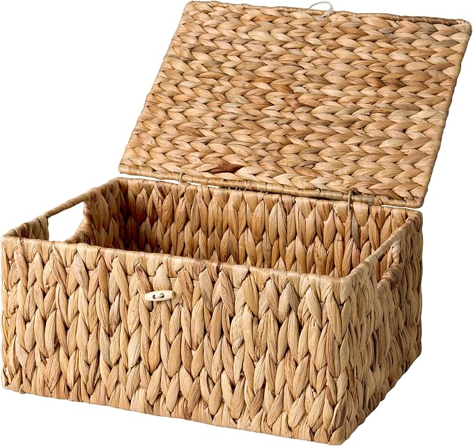 StorageWorks Large Water Hyacinth Baskets for Organizing, Wicker Basket with Lid for Shelves, Storage Basket with Lid and Built-in Handles, 1 Pack