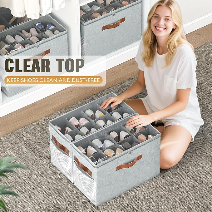 2 Pack Shoe Organizer for Closet, Foldable Shoe Storage with Adjustable | Farbic shoe storage organizer box bin with clear cover, fits up to 16 pairs, shoe storage box for closet, entryway, gray