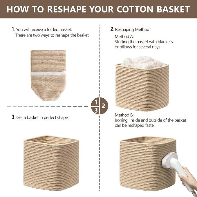 joybest 11inch Cube Storage Bins, Cotton Rope Woven Organizer Basket | Set of 4 Cube Bin Square Shelves Organizer Closet Storage, Nursery, Toy Organization, Brown