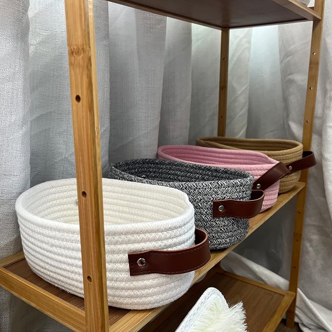 ABenkle Small Woven Basket, Mini Cotton Rope Tiny Oval Shelf Decorative Toy Dog Cat Toy Storage for Nursery, Easter,Empty Gift Baskets, 9.4" x 5.9" x 3.9" XS