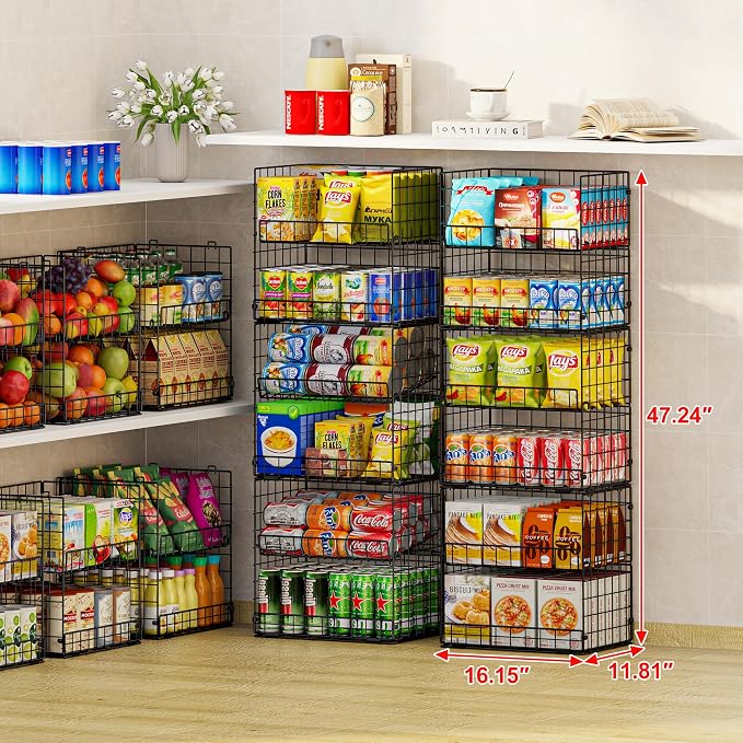 JKsmart 6-Tier XXL Stackable Wire Basket, Snack Organizer for Countertop | Pantry Organizers and Storage with Dividers & Handles, Can Organizer Space Saving Storage Bins for Snacks Fruits Veggies