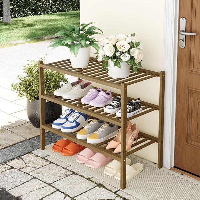 Smiry Bamboo Shoe Rack, 14 Vertical Slats, 3 Tier - 26.8" Wide, Walnut | Stackable Free Standing Wooden Shoe Organizer, Wood Shoe Storage Shelf for Closet, Entryway, Thicher Leg