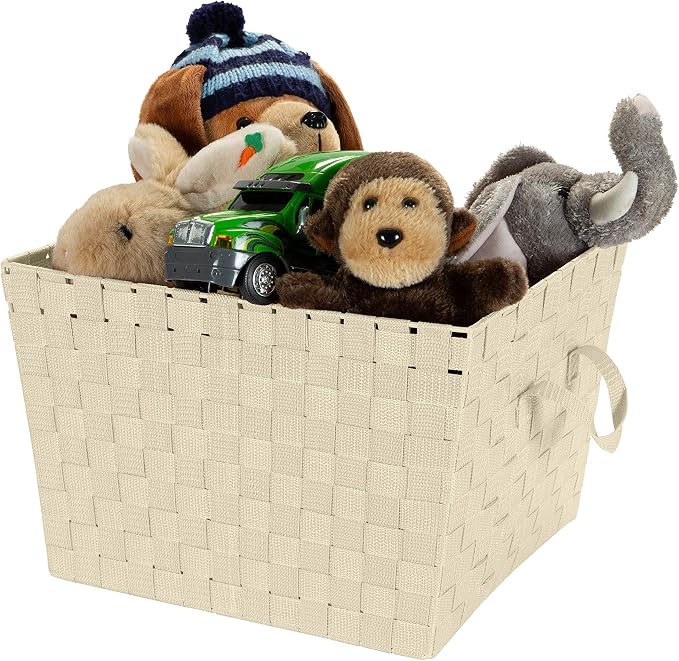 Simplify Large Woven Strap Tote | Decorative Storage Basket | 2 Handles | Organization | Closet | Bedroom | Bathroom | Nursery | Accessories | Toys | Gifts | 2 Pack | Ivory