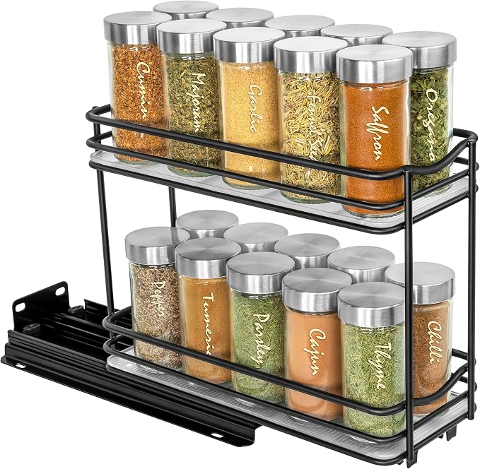LYNK PROFESSIONAL® Pull Out Spice Organization for Cabinets - 4-3/8 inch Wide – Spice Rack for Inside Cabinets, Slide Out Spice Rack Organizer for cabinet – Pull Out Spice Rack, Sliding 2 Tier Black