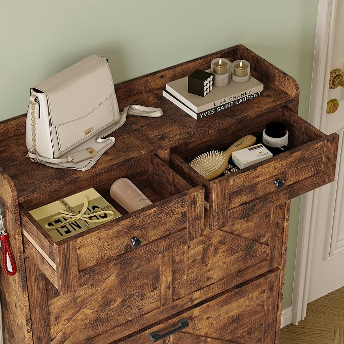 BORNOON Shoe Storage Cabinet for Entryway, Farmhouse Narrow Shoe Cabinet with 3 Flip Drawers & 2 Top Drawers, Adjustable Shelves & Hooks, Freestanding Hidden Rack Organizer for Hallway, Foyer