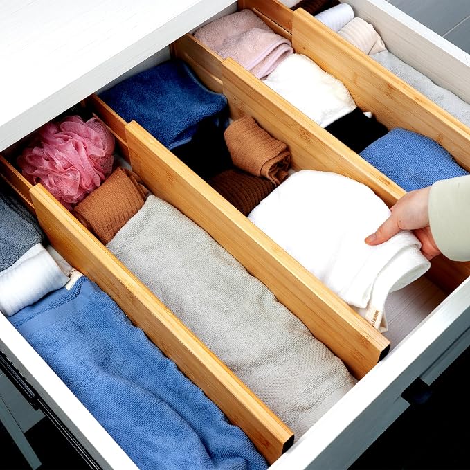 Utoplike Bamboo Drawer Dividers Large, 4" High Kitchen Drawers Organizer | Adjustable, Spring Loaded, Works in Bathroom, Bedroom, Dresser, Office, 4pcs for Clothing, Fit for 18.6"-20.6" Inner Drawer