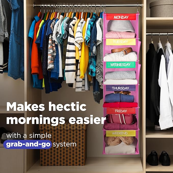 Handy Laundry Weekly Clothes Organizer for Kids, 6-Shelf Bamboo Reinforced | Days of the Week Hanging Closet Shelves, Monday Through Friday and Weekend, School Outfit Storage, Side Pockets, Pink