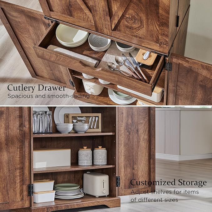 72" Tall Wooden Pantry Storage Cabinet with Door Shelves & Drawer | Farmhouse, Barn Doors, Adjustable Shelves, Freestanding, Anti-tip Kit, for Kitchen, Dining Room, Living Room