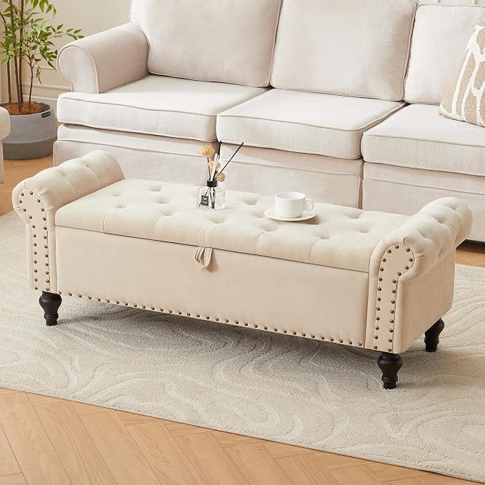 55" Storage Bench for Bedroom, Upholstered Ottoman Bench, Chenille Beige | End of Bed Bench for Bedroom, Window Benches for Living Room, Entryway, Ottoman with Large Storage Space, Pet Friendly
