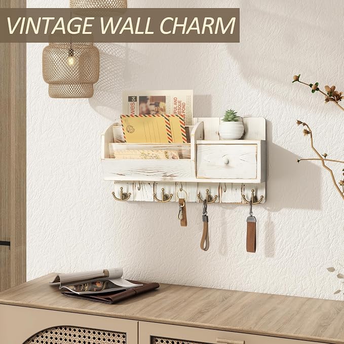 Rebee Vision Key Holder Wall Mount with Drawer for Room Decor, Whitewash | Pine Wood Farmhouse Key Holder for Wall, with 7 Hanging Hooks, Letter Organizer, Ideal Farmhouse Home Decor Solution