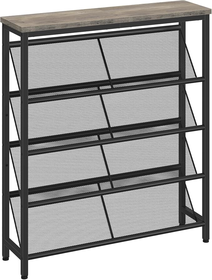 CHOEZON Shoe Rack, 5-Tier Slanted Shoe Storage Shelf, Narrow Shoe Rack for Entryway, Shoe Organizer with Adjustable Feet, Slim Shoe Shelf with Wooden Top and Metal Frame, Greige and Black TXJ02BG
