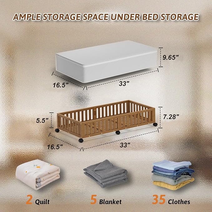 2 Pack Large Bamboo Under Bed Storage Containers with Wheels, Brown | Underbed Drawer Storage with Bag, Wood Rolling Underbed Organizer for Shoes, Sheets Clothes Blanket Comforter, Under Crib Toy