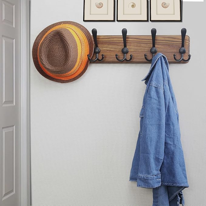 Coat Rack Wall Mounted - 5 Tri Hooks, Heavy Duty, Wooden Wall Coat Hanger Coat Hook for Clothes Hat Jacket Clothing, Natural & Black, 2 Packs