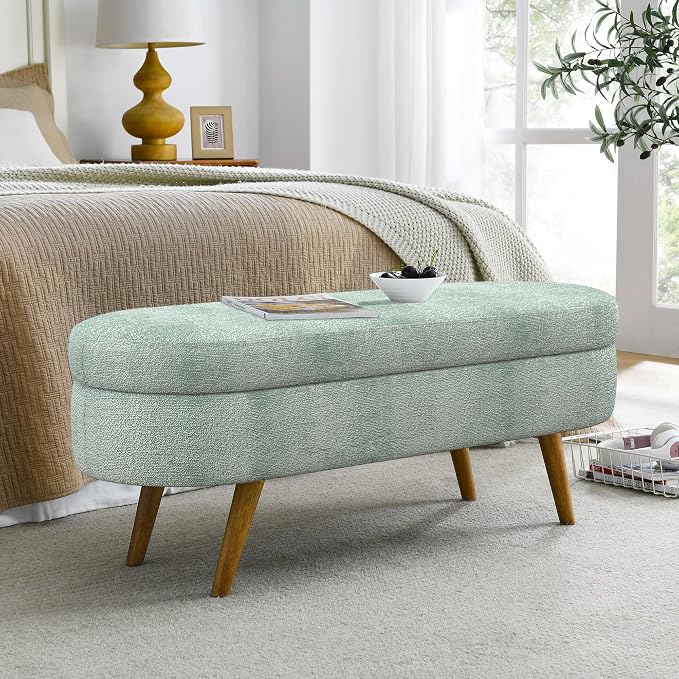 43.5” Storage Ottoman Bench,Upholstered Oval End of Bed Bench for Bedroom | Modern Linen Ottoman with Storage, Entryway Foot Rest with Wooden Legs, Lift-Top Lid with Safety Hinge, Living Room, Cyan