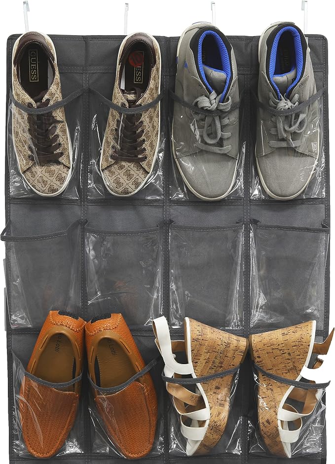 Simple Houseware 24 Pockets Large Clear Over Door Shoe Organizer, Dark Gray | 56" x 22.5", 4 Durable Metal Hooks, 5" x 9" Pocket Size, Multipurpose