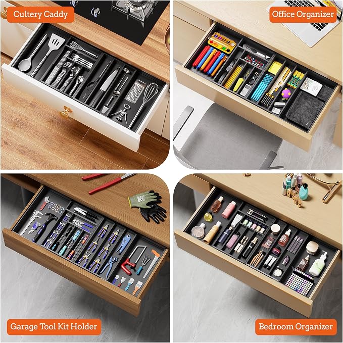 Silverware Organizer Large, Magnetic Connected Expandable 11 Slots Silverware Drawer Organizer from 21 to 37.4 Inches, Adjustable Flatware and Cutlery Holder, Bamboo Utensil Tray for Kitchen Black