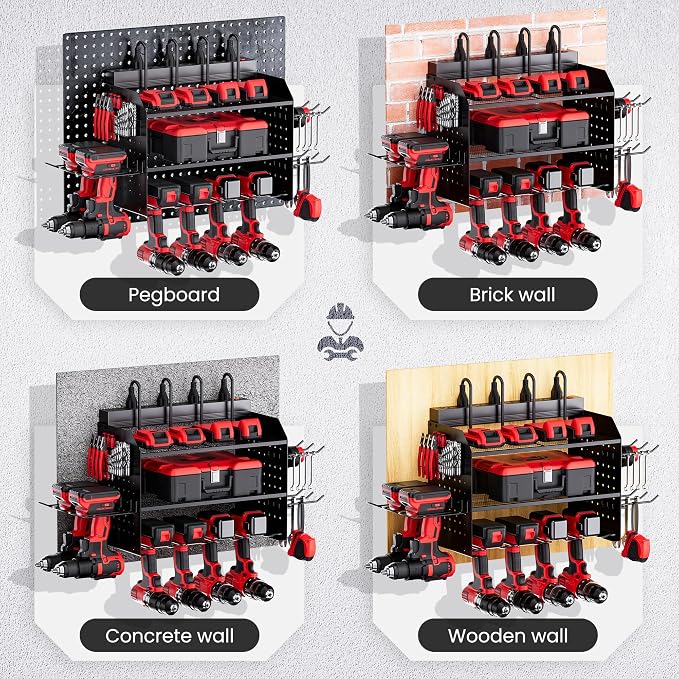 TRZZ Power Tool Organizer Wall Mount, 3-Layer Charging Station, Black | 8 Outlets, 6 Drill Holders, Drill Bit Rack, Efficient Organized Storage, for Garage, Workbench, Workshop