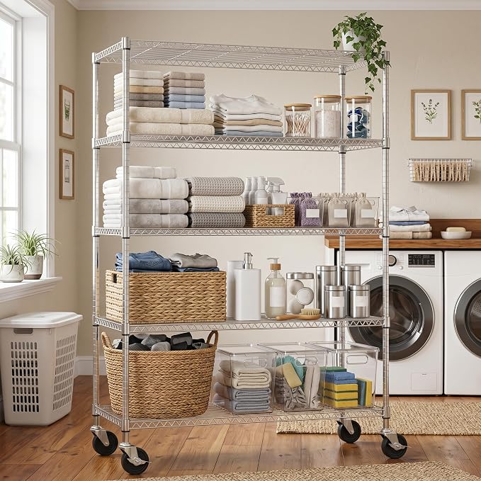 M MZG 5-Shelf Heavy Duty Garage Shelving Wire Adjustable Storage Rack for Kitchen Laundry Bathroom Pantry 1750 lbs Capacity Silver 17.7 x 47.3 x 75.6 Inch