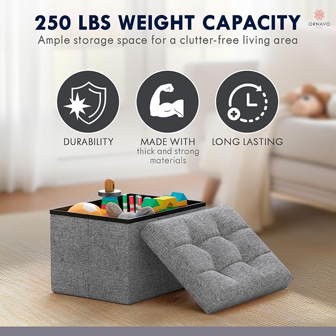 Ornavo Home Small Rectangle Storage Ottoman Set of 2, Linen, 12x16x12, Gray | Foldable Collapsible Design; Foot Rest Stool Seat; Ideal for Living Room, Bedroom, Home Office or Dorm