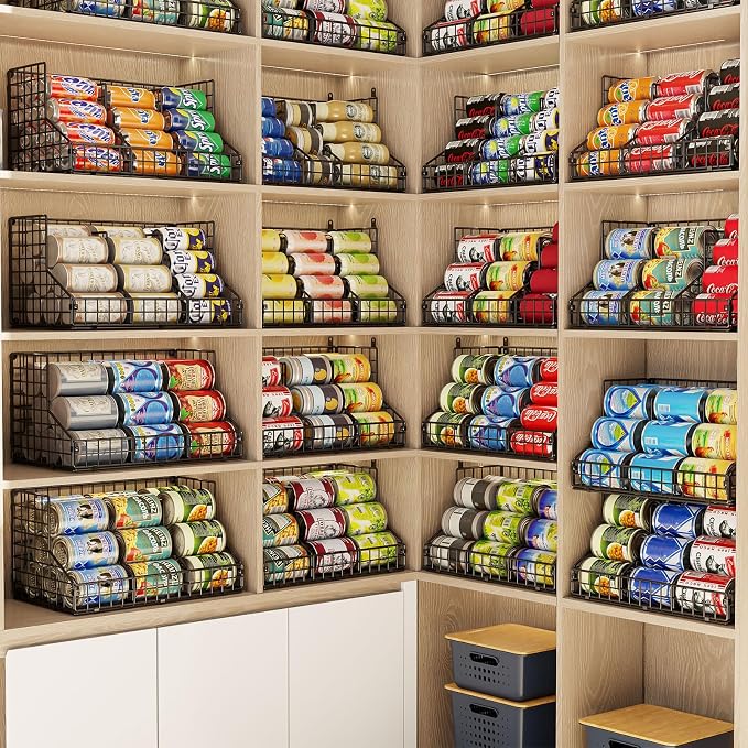 4 Pack Stackable Can Rack Organizer for Pantry Storage,Can Dispensers with 4 Adjustable Dividers, 2-Tier Metal Wire Basket Holds up to 84 Cans for Kitchen Cabinet Pantry, Black