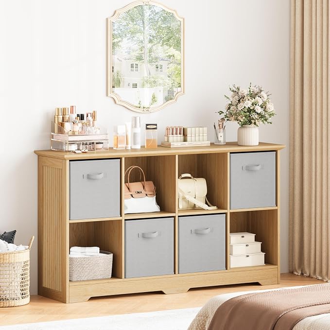 8 Cube Storage Organizer Shelf, Wood Cubby Storage with 4 Fabric Drawers | 2 Tier Wooden Bookshelf with 2 Adjustable Shelves, Fluted Side Panels Bookcase for Living Room, Home Office, Wood