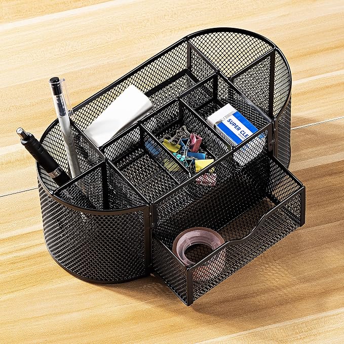 Amazon Basics Mesh Desk Organizer with Pen Holder, Pullout Drawer and Office Caddy Storage, 9.25" x 4.53" x 3.94", Black