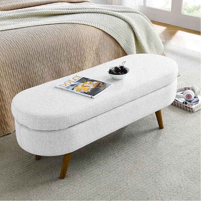 43.5" Ottoman with Storage, Storage Ottoman Bench with Safety Hinge, Linen End of Bed Bench, Upholstered Entryway Bench for Bedroom, Living Room & Window, Holds up to 330 lb, White
