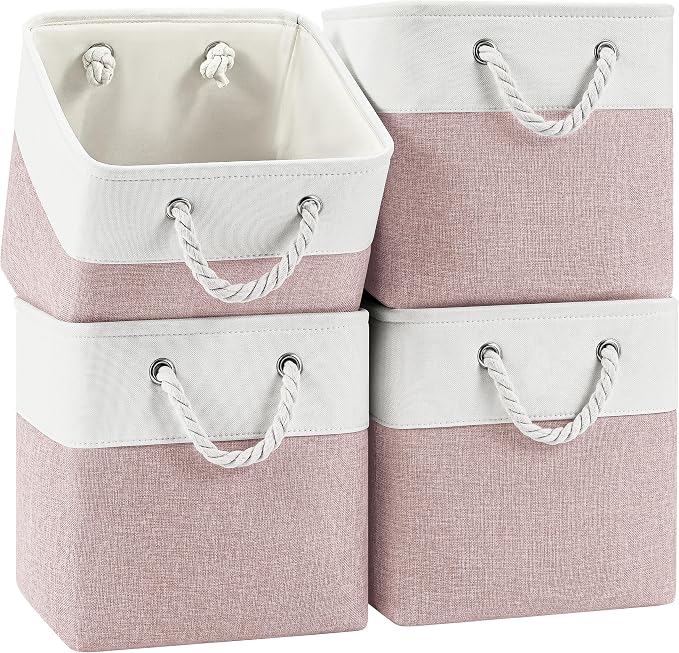 Patvingot 11-Inch Fabric Cube Storage Bins with Handles,4 Pack,Foldable | For cube shelves and closets,keeps grouped for everyday access,reinforced opening and fold-flat storage,white and pink