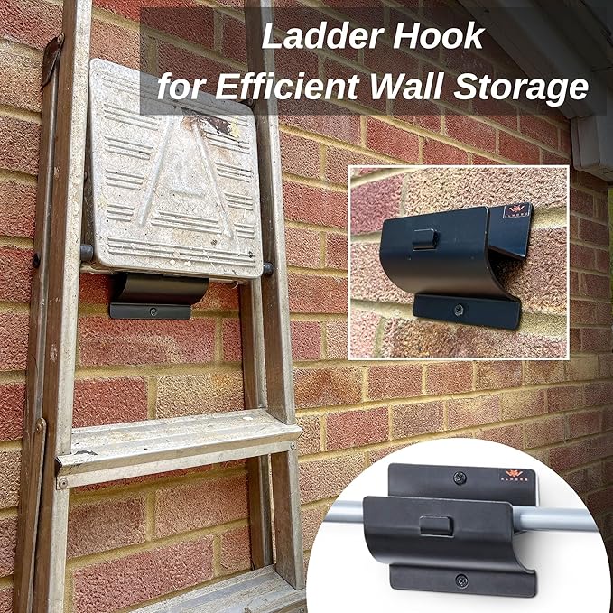 Ladder Hanger Set of 2 for Garage Wall - Black Heavy Duty Utility Hook | Wall Mount Ladder Storage, Versatile Tool Holder To Maximize Space In Shed, Workshop, Garden, Hang Wheelbarrow, Folding Chair