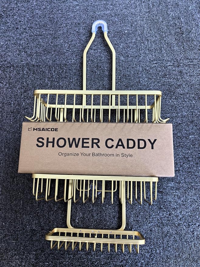Shower Caddy Hanging - Never Rust Shower Hanging Organizer - Aluminum Over the ShowerHead Caddy with Soap Basket and 6 Razor/Sponge Hooks (Gold)