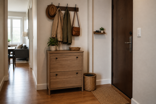 Organized small entryway without a closet with coat hooks, shoe storage, and a key drop zone