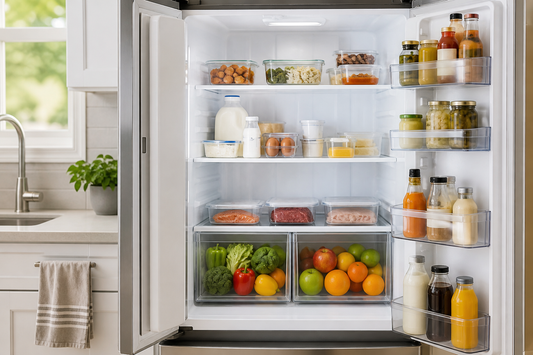 Open refrigerator organized by shelf with leftovers above, dairy in the middle, sealed raw ingredients below, produce in drawers, and condiments in the door