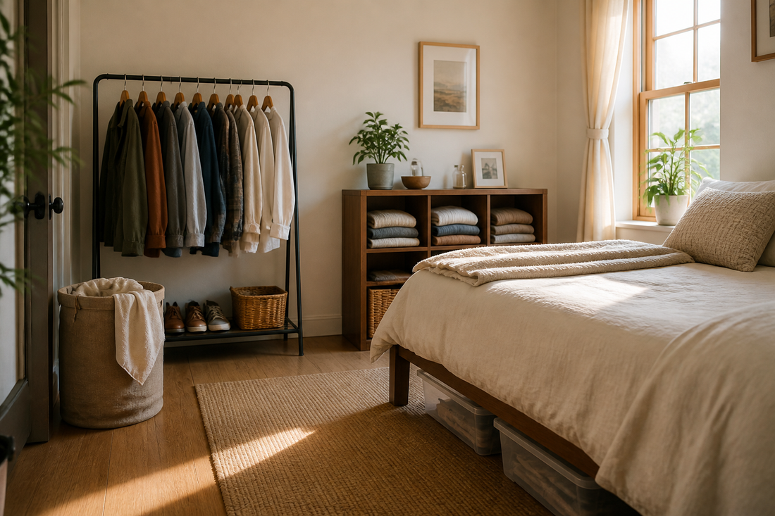 Small bedroom without a built-in closet organized with a clothing rack, folded storage, under-bed containers, and a hamper