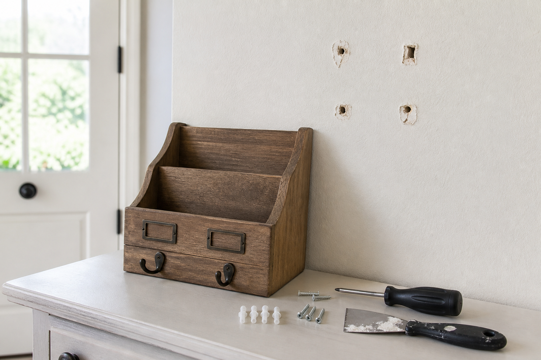 Wall-mounted mail organizer removed from a damaged entryway wall with failed mounting holes and repair supplies nearby