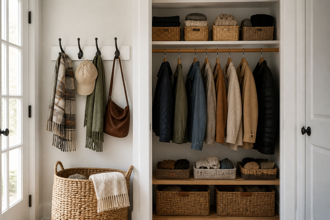 Seasonally organized hats, scarves, and gloves in an entryway with daily accessories accessible and other items stored in baskets