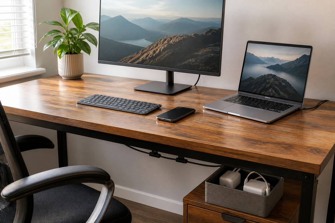Tidy home office desk with active cables routed neatly and spare chargers stored away