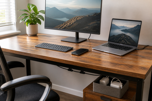 Tidy home office desk with active cables routed neatly and spare chargers stored away