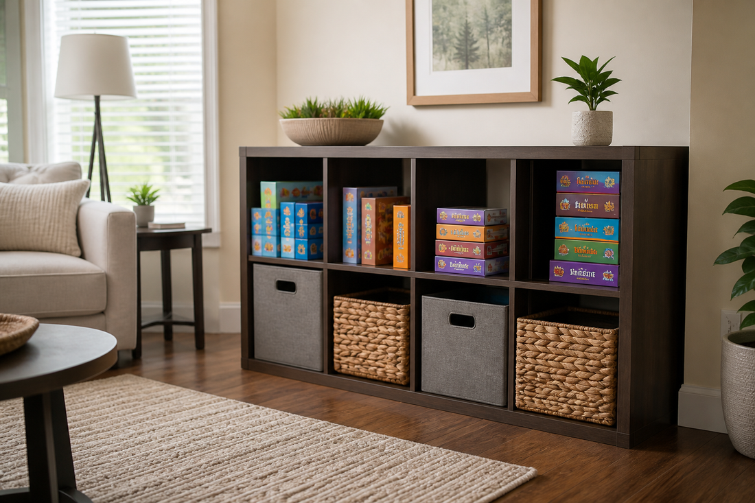 Organized board games and puzzles arranged in compact cube storage