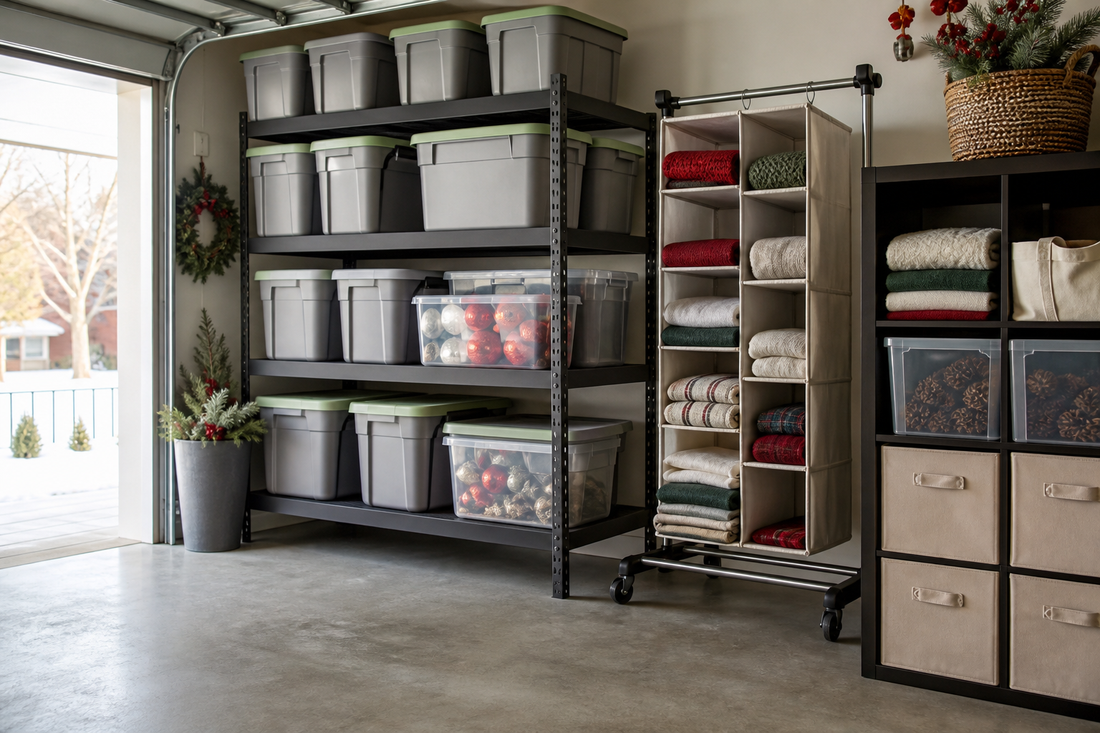 Organized garage storage system with holiday decoration bins on shelving and a clear walkway