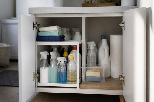 Organized cleaning supplies grouped inside a compact home cabinet