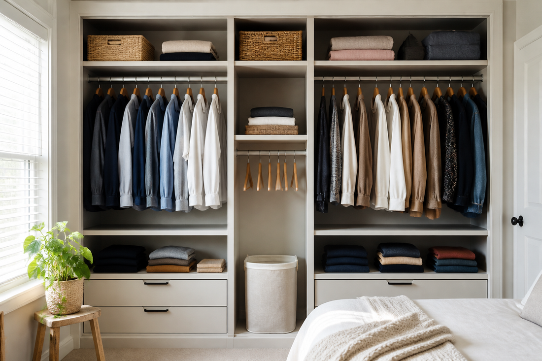 Neatly organized shared closet with distinct personal zones for two people