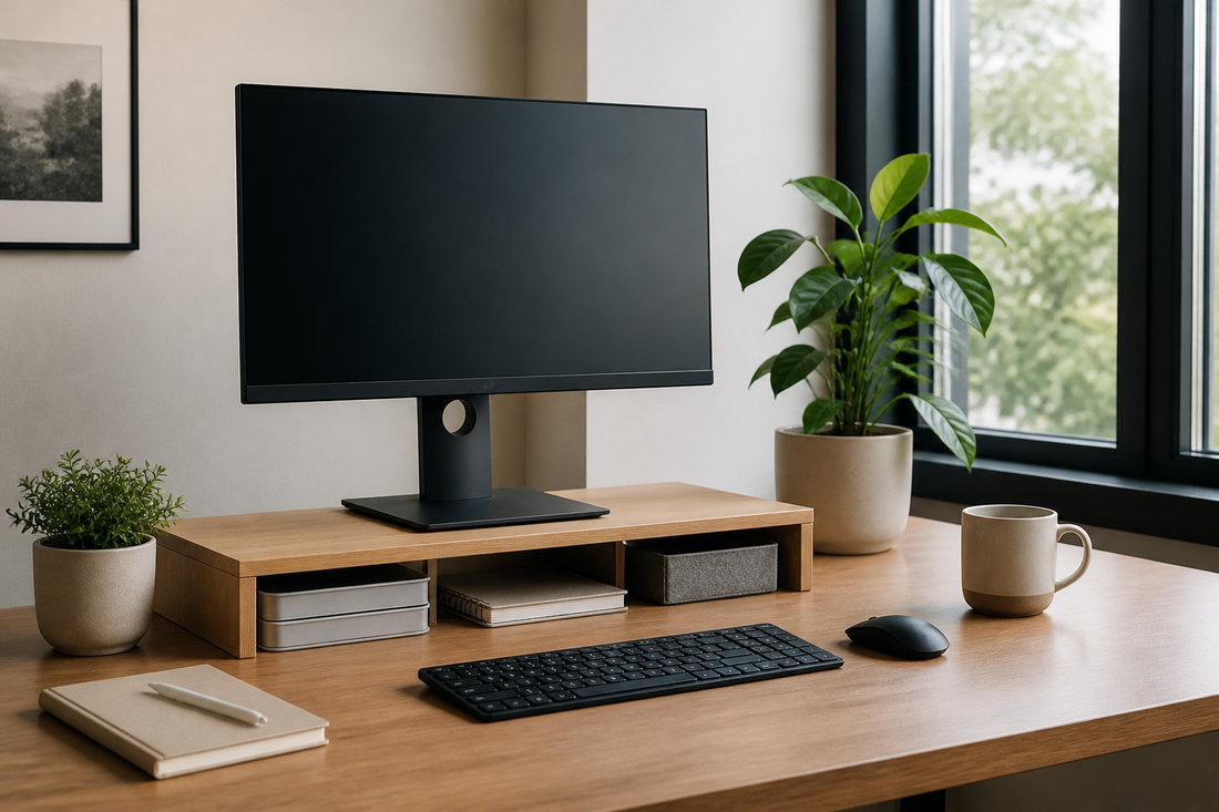 Single monitor elevated on a stand with keyboard clearance and organized desk space