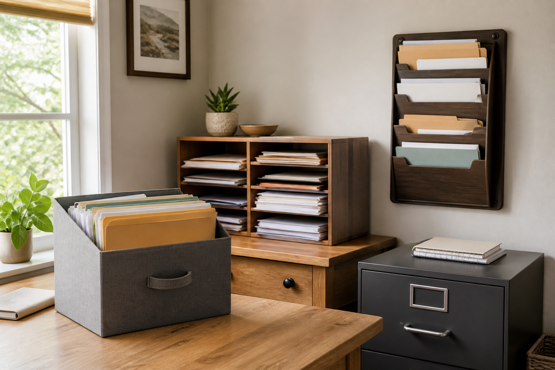 Home office showing a file box, desktop sorter, wall-mounted mail organizer, and filing cabinet as different document storage options