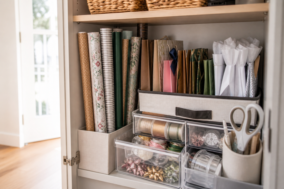 A compact gift-wrapping station neatly arranged in a small closet with separate storage for paper, bags, ribbon, tissue paper, and tools