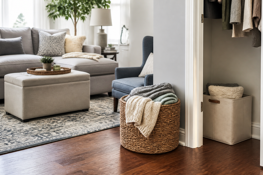 Living room comparing a storage ottoman near the sofa, a blanket basket beside an accent chair, and a fabric storage bin in a nearby closet area
