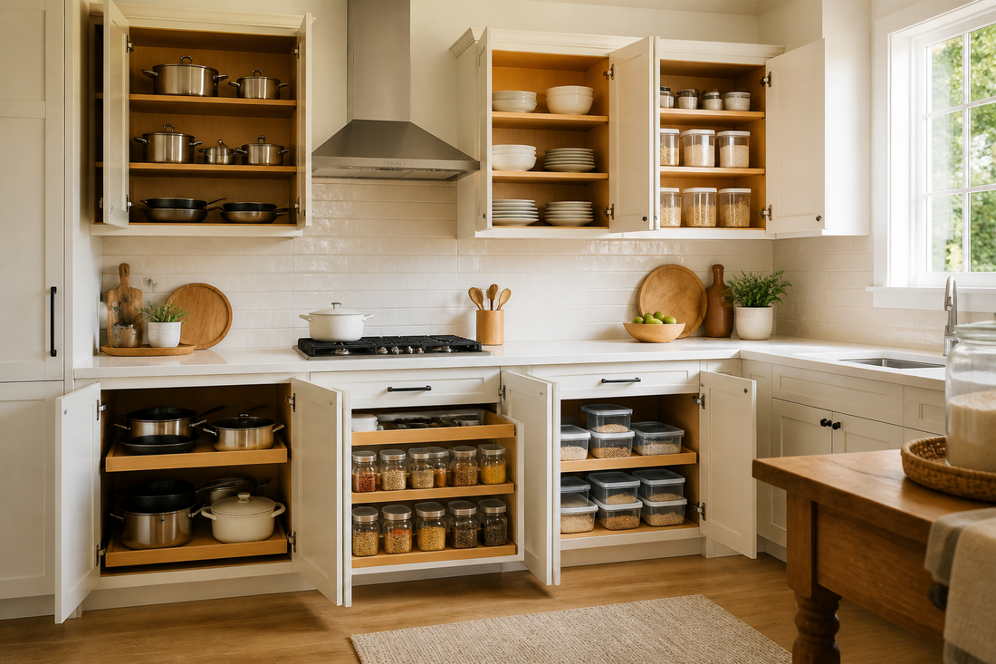 Kitchen cabinets organized into cookware, dish, pantry, spice, and food storage zones