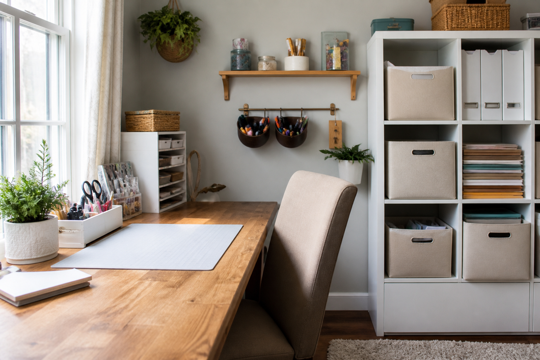 Compact craft room with a clear work surface, nearby storage bins, cube shelving, and organized craft supplies