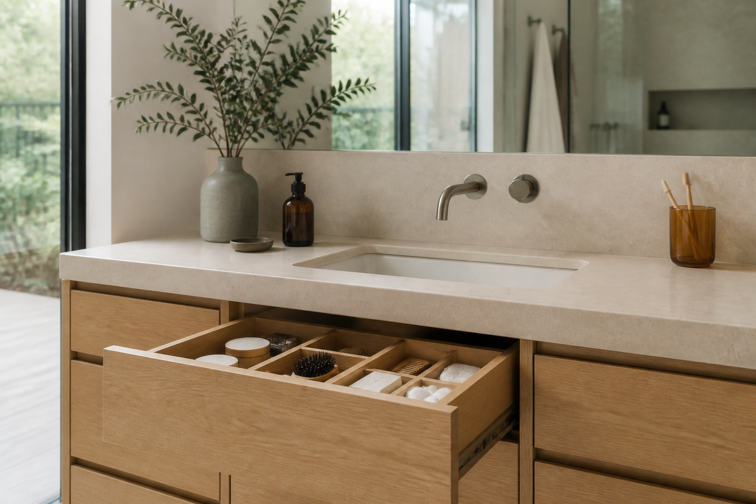 Organized bathroom vanity with daily essentials accessible in an open drawer and a clear countertop