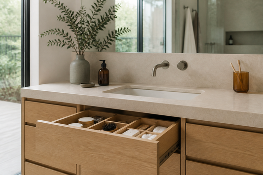 Organized bathroom vanity with daily essentials accessible in an open drawer and a clear countertop